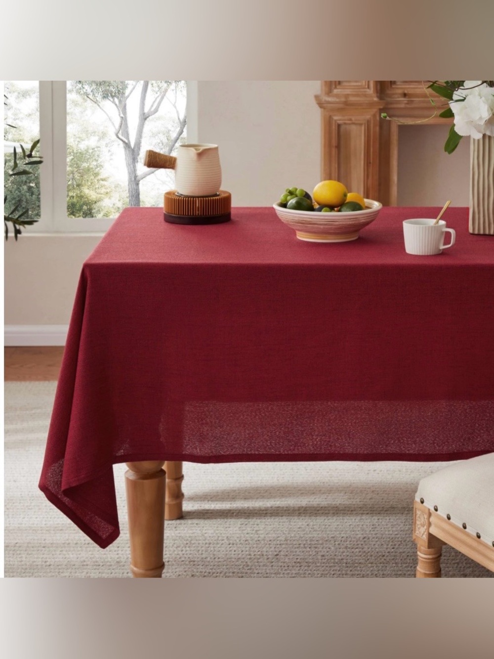 Farmhouse Linen Tablecloth Rectangular 60x84” Burgundy
